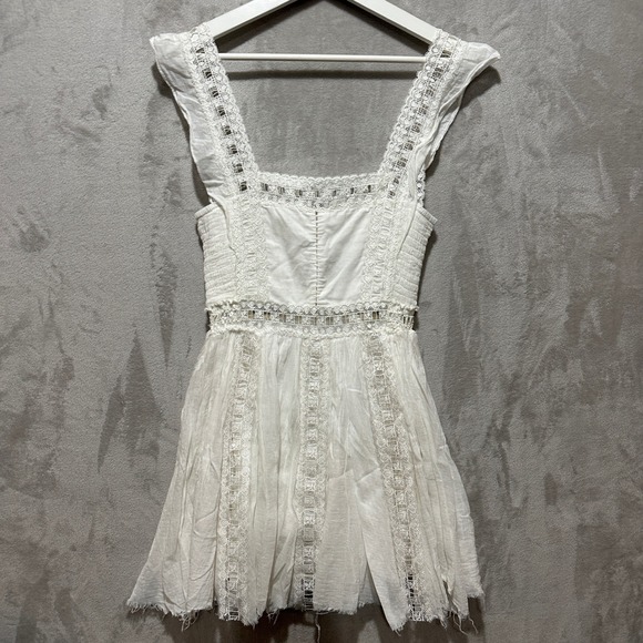 Free People Dresses & Skirts - Free People Ivory Verona Square-Neck Crochet Lace Raw-Hem Mini Dress Sz S/P